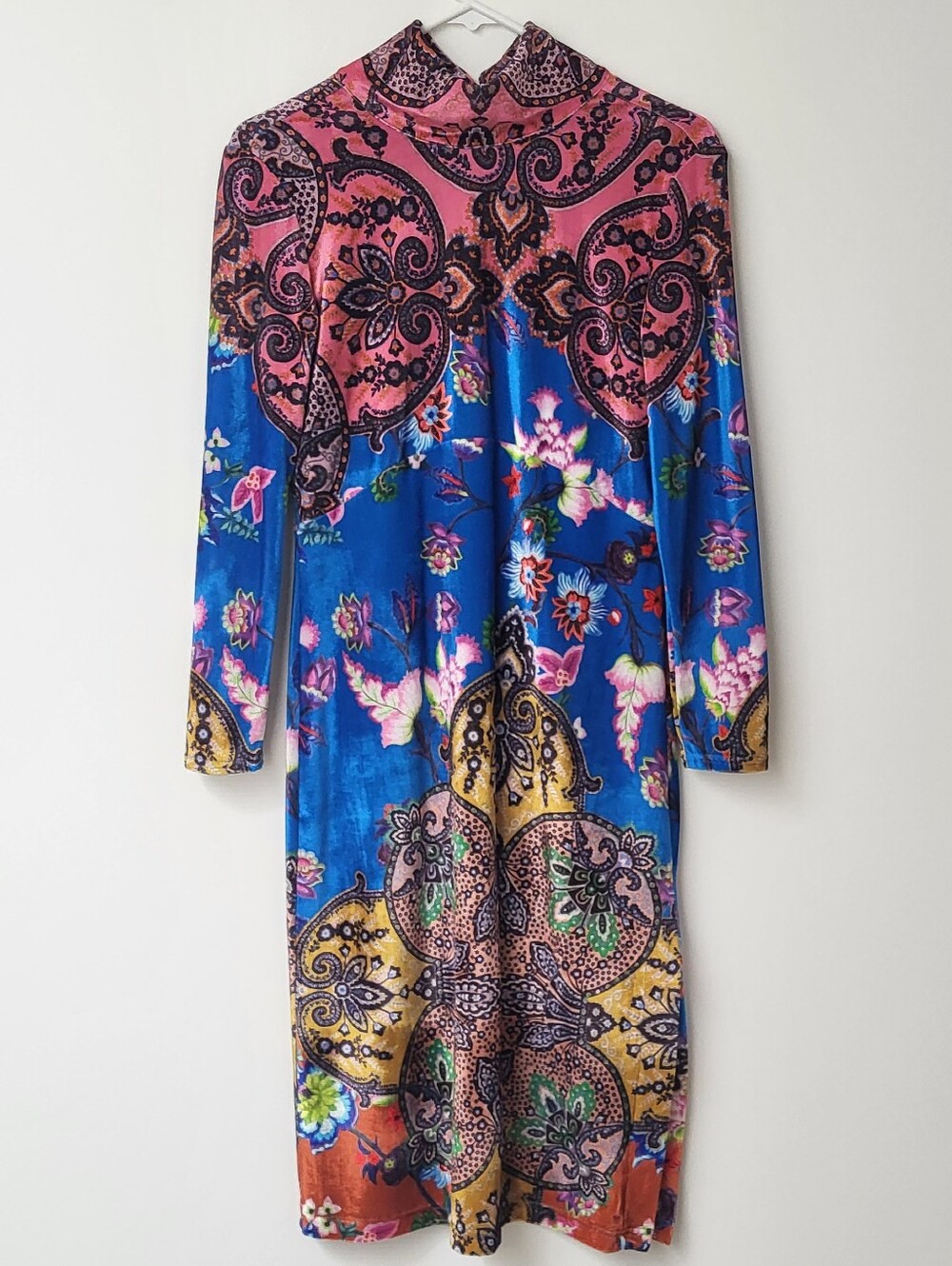 Anthropologie Slim High Neck Vibrant Floral Long Sleeve Dress - Blue and Pink